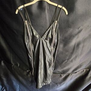 Black faux leather zip up nightie lingerie best dom costume ref# 1081